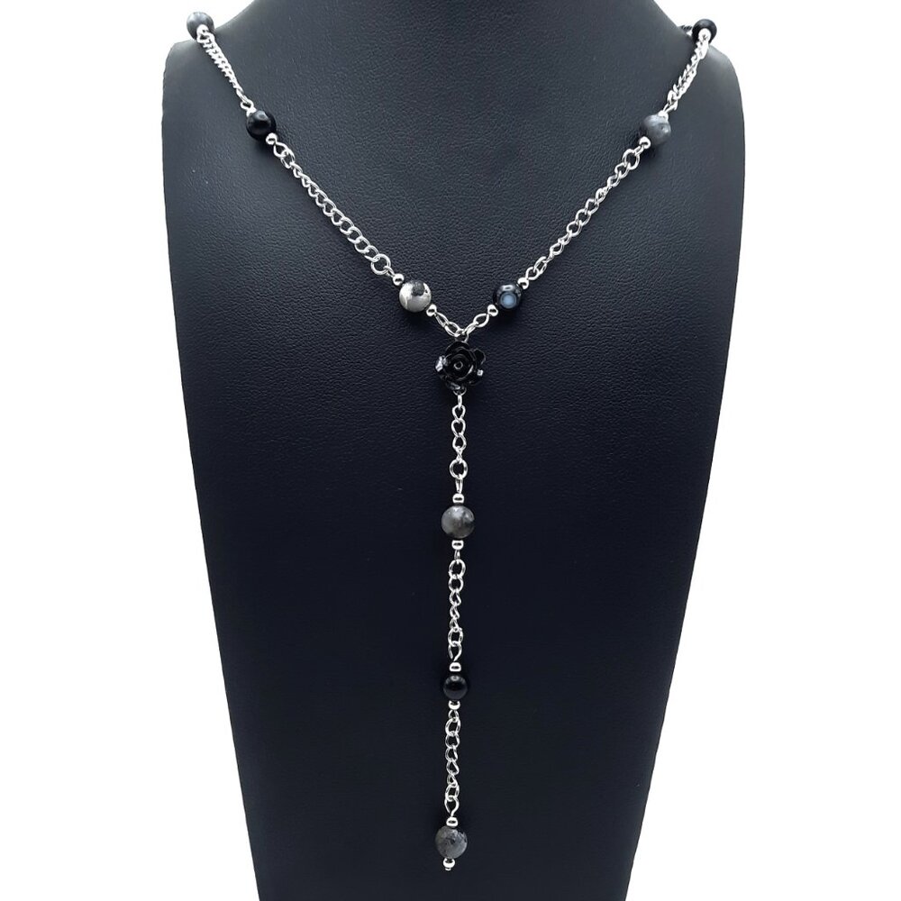 Black Jasper Agate Chakra Gemstone Flower Lariat Chain Necklace Handmade Jewelry